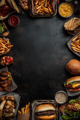 A vibrant display of popular fast food items in an enticing arrangement. Burgers, pizzas, and fries capture the essence of indulgence and convenience in a visually appealing showcase.