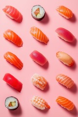 A vibrant assortment of salmon and tuna sushi elegantly arranged. This fresh Japanese delicacy showcases the artistry in sushi making, highlighting vibrant colors and exquisite presentation.