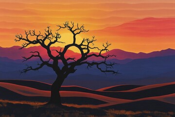 Naklejka premium Silhouette of a barren tree against a vibrant sunset over rolling hills and mountains.