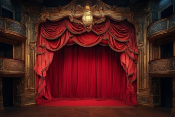 Luxurious Red Theater Curtains with Golden Detailing on Stage