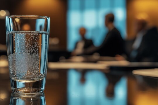 Crystal clear glass of water reflecting calm amidst a professional business meeting