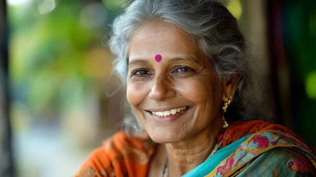 Joyful expressions of a smiling elderly woman in vibrant traditional attire