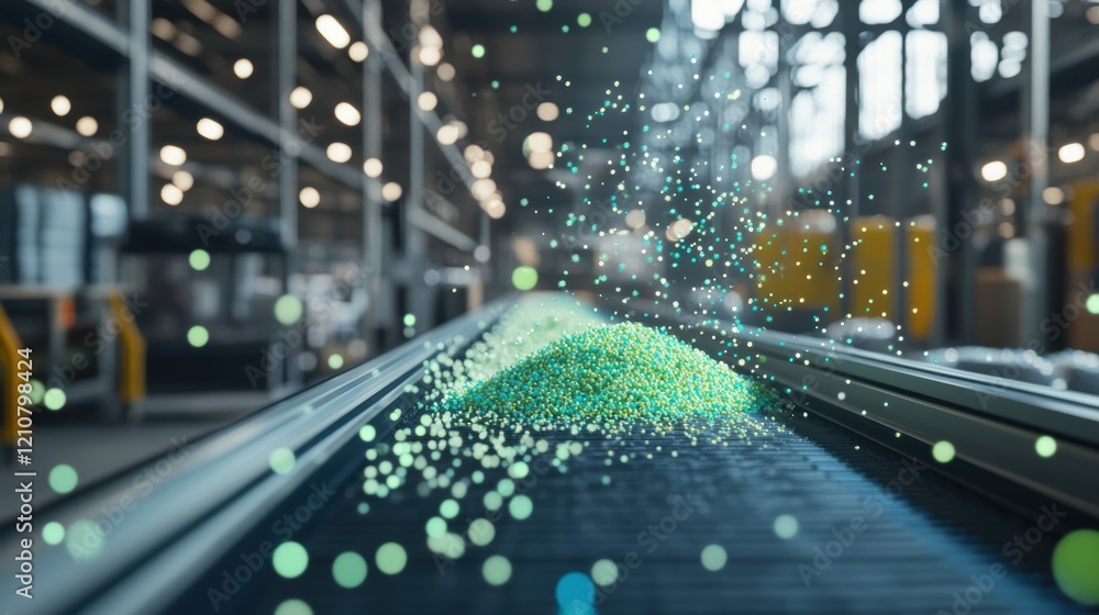 Poster processing and transporting microplastics granules on an automated conveyor belt in a modern factory
