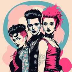 Obraz premium Punk teens. Vector poster in pop art style. Bright glamour young people in punk outfit. Black, pink and blue color palette. Rococo inspired.