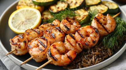 Highquality photorealistic shot of dinner plate with shrimp skewers