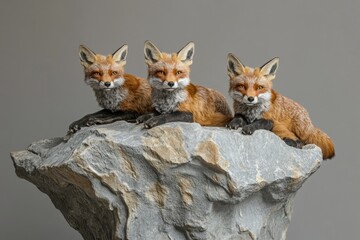 Three red foxes rest atop a large rock, their fur vibrant against the neutral background.