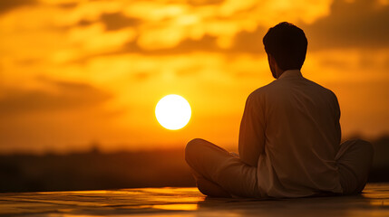 Man Meditating and Watching Sunset with Tranquil Horizon View : Generative AI