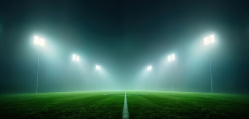 Empty foggy sports field at night. Powerful stadium lights illuminate green grass. Mystical atmosphere. Outdoor scene. Suitable for sports themes. Great image for game, competition photos. Empty
