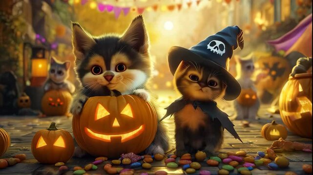Kittens with pumpkins for Halloween in a festive atmosphere. Two cartoon kittens among the glowing pumpkins on Halloween. One is holding a pumpkin, the other is wearing a witch's hat with a black cape