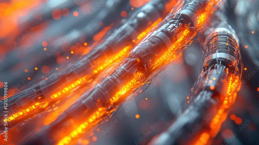 Poster futuristic cables are transferring orange energy and data through a complex network, creating a powe