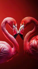 Naklejka premium Two vibrant red flamingos, necks entwined romantic Valentine’s Day heart shape, red background