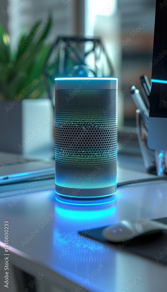 Aufkleber smart assistant device on minimalist desk with glowing sound waves for modern workspaces