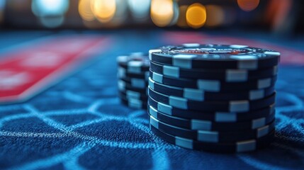 Stacks of poker chips on a gaming table in a vibrant casino during an evening of excitement