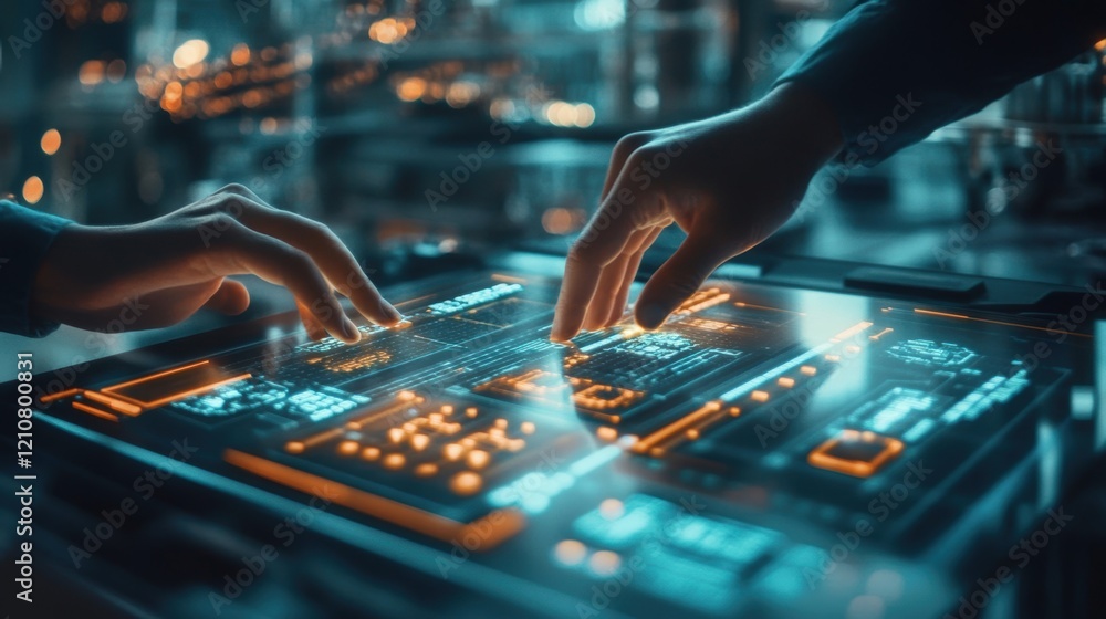 Poster two software engineers are working on a futuristic interface displayed on a transparent touchscreen,