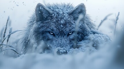 cunning wolf hides tattered sheep's skin eyes sharp and teeth subtly visible. misty meadow twilight adds sense of mystery and deception scene.