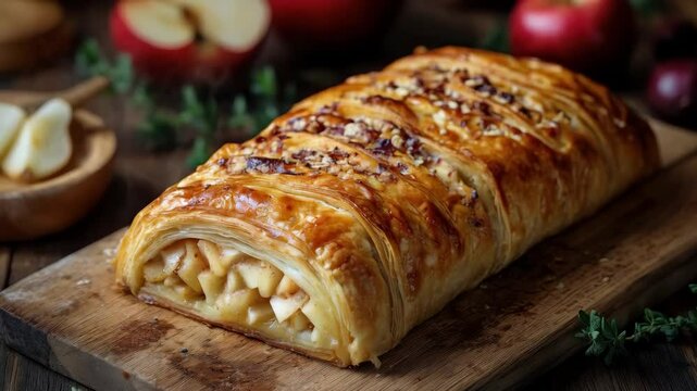 Freshly baked apple strudel on rustic wooden board with apples in background