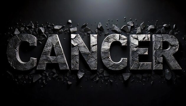Conceptual representation of cancer with textured letters against a dark background highlighting the seriousness of the disease