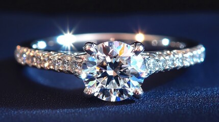 A diamond engagement ring displayed with soft lighting, set against a dark navy blue background.