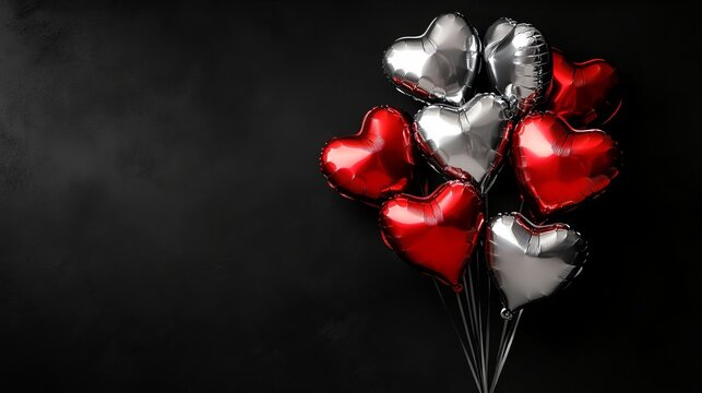 red and silver heart balloons on black background, high detail, elegant and romantic, festive and warm Valentine's Day decoration, inviting and cozy atmosphere