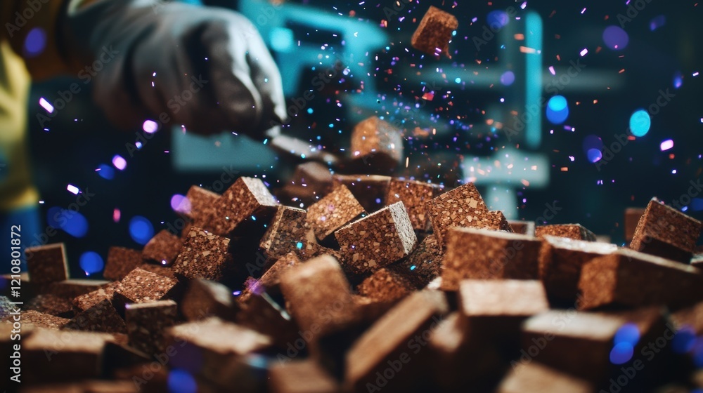 Poster factory worker wearing gloves uses pliers to move cork cubes, causing colorful sparkles in dimly lit