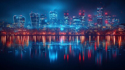 Night cityscape reflecting in water, futuristic digital overlay.