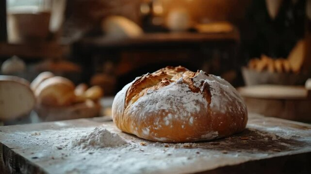 Freshly baked bread loaf cooling with flour dust in rustic kitchen ambience