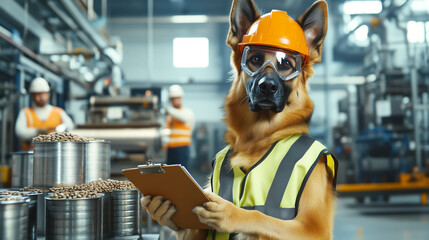 photo of dog, German Shepherd acting as an inspector at a dog food factory. wears a safety vest, a hard hat, and safety goggles, standing with a clipboard in its paw.