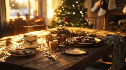Rustic table with Christmas cookies and hot cocoa, soft warm light, highly detailed, festive and inviting, peaceful and cozy, calm and cheerful, seasonal and vibrant atmosphere