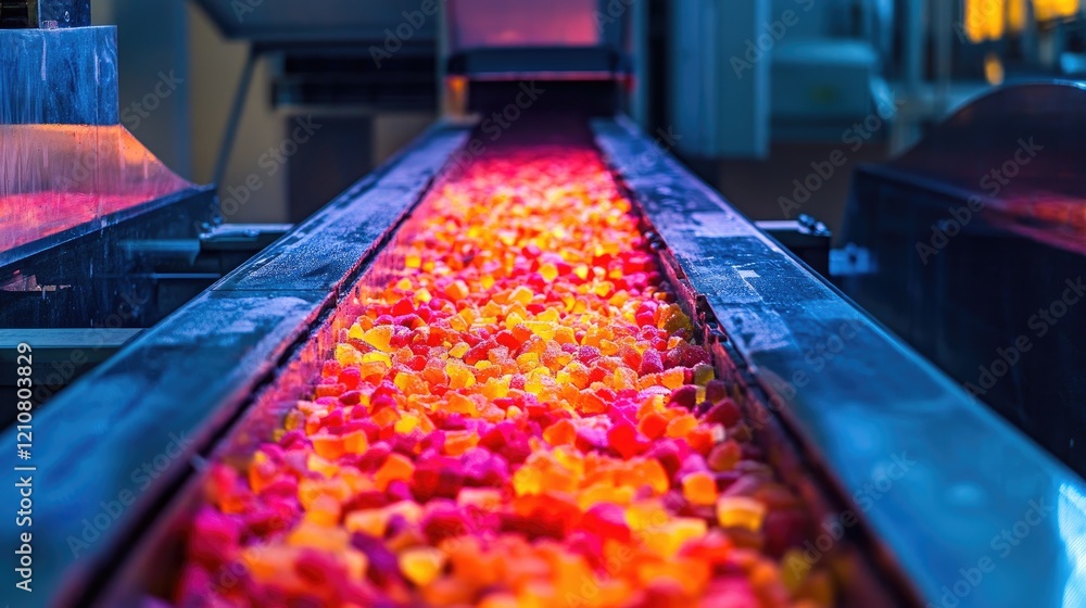 Poster brightly colored fruit sorting machine in action in a modern facility.