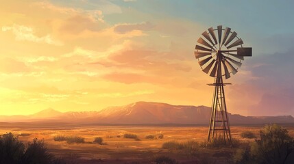 Rustic windmill in a dry desert landscape, soft warm light, peaceful and serene, highly detailed, tranquil and expansive, calm and inviting