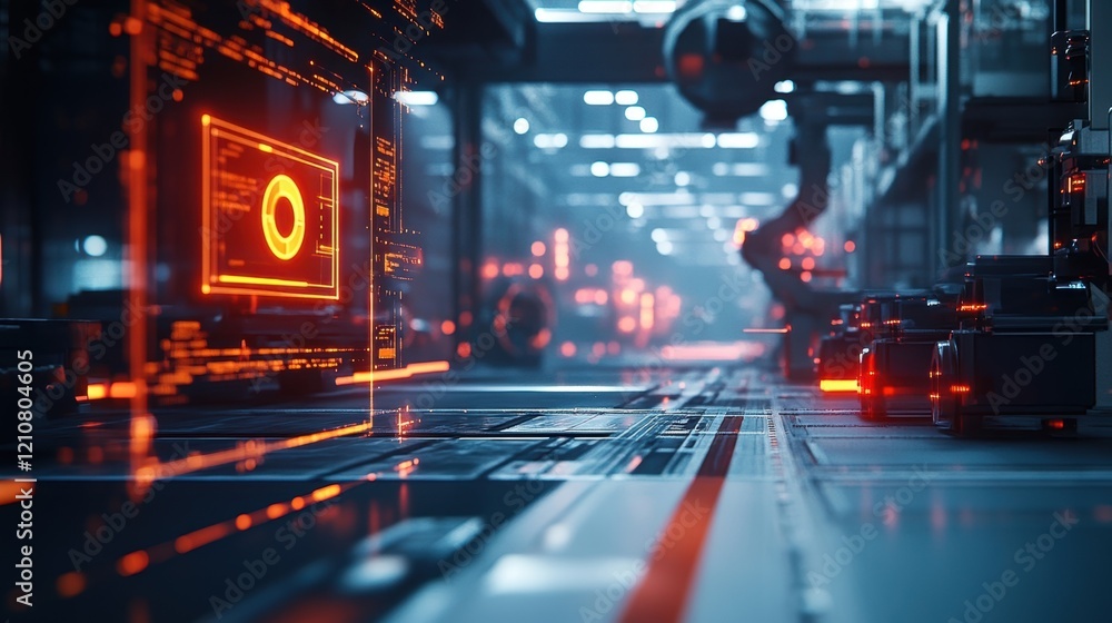 Poster futuristic automated production line featuring a transparent digital screen with charts and data ana