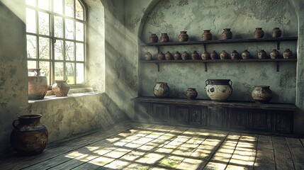 Sunlit room with antique pottery on shelves and windowsill.
