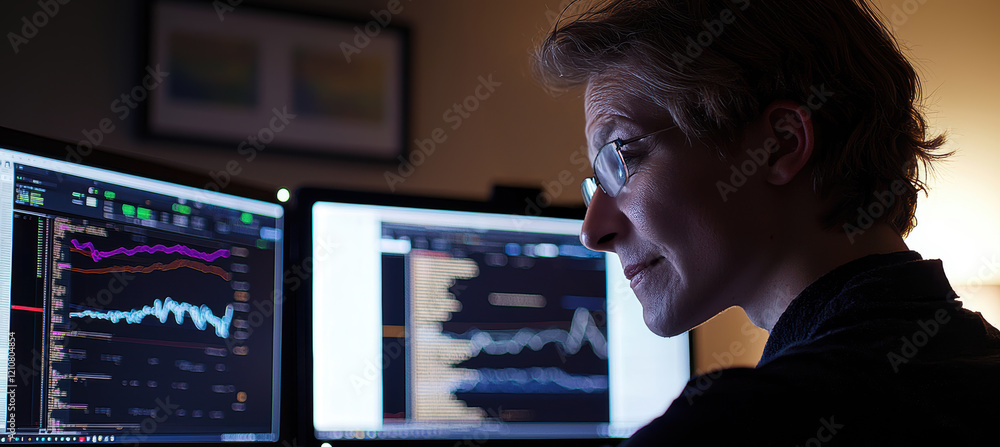 Poster focused analyst examining financial data on dual monitors in a professional office setting