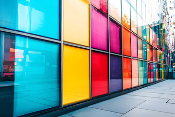 Colorful modern building facade with geometric glass panels reflecting urban architecture : Generative AI