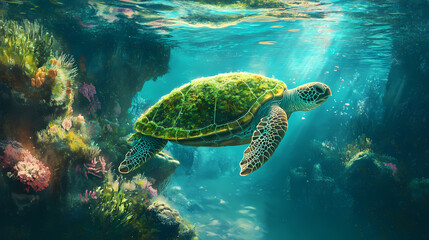 Obraz premium A turtle with a moss-covered shell gliding through a tranquil crystal-clear lagoon surrounded by glowing coral. Glowing Lagoon. Illustration