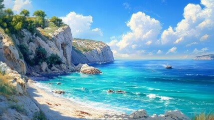 Scenic coastal landscape with turquoise waters and rocky cliffs, bright blue sky, peaceful and inviting, highly detailed, tranquil and natural, warm and idyllic