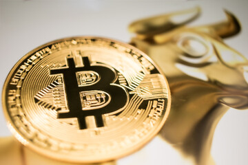Golden Bitcoin Coin on Futuristic Digital Technology Background