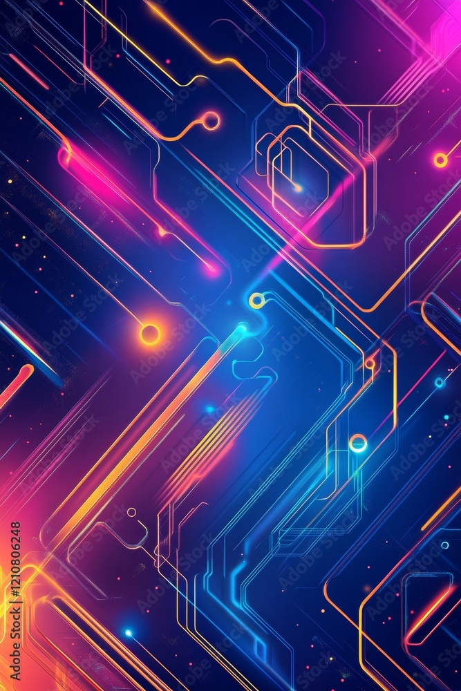 Wall mural an image featuring a circuit board with a colorful design, set against a red and blue background