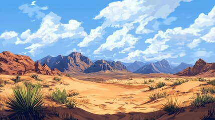 Naklejka premium Scenic desert landscape with sand dunes and blue sky, peaceful and inviting, highly detailed, calm and natural, warm and expansive, tranquil and beautiful