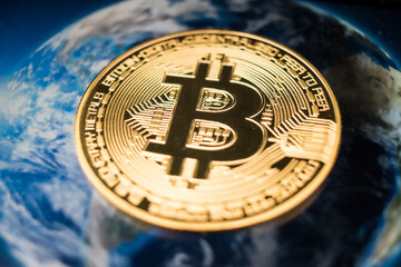 Golden Bitcoin Coin on Futuristic Digital Technology Background