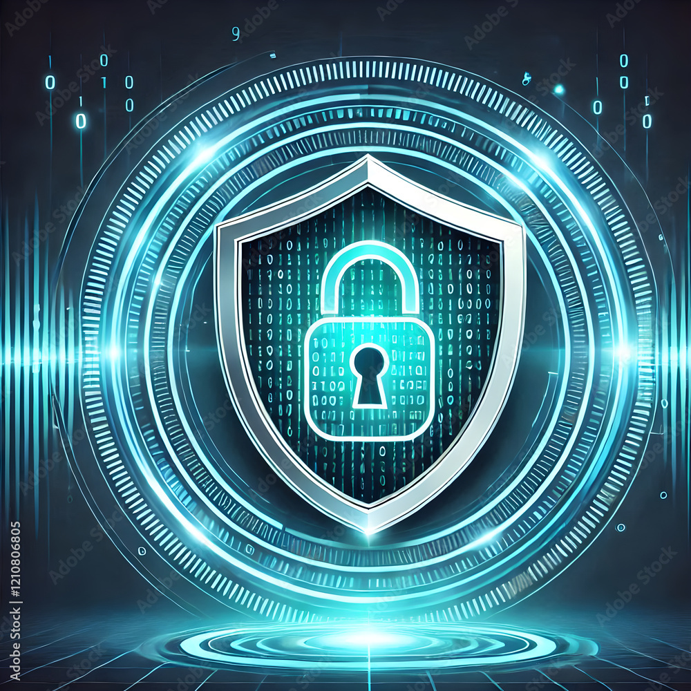 Poster digital shield protecting cybersecurity, metallic lock defending data streams amid glowing binary co