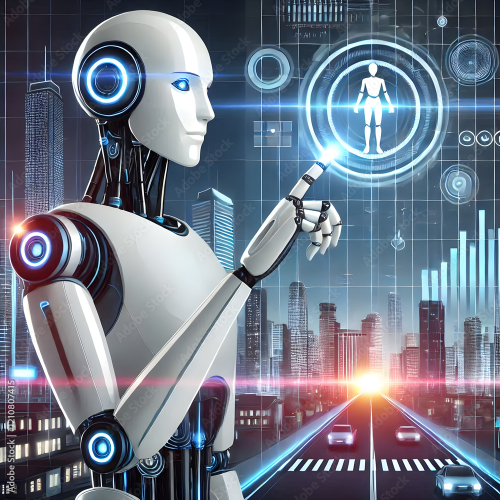 Poster robotic android processing workforce data within sleek metropolitan environment featuring hovering v