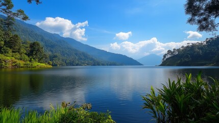 Scenic view of a mountain lake surrounded by lush greenery, bright blue sky, peaceful and inviting, highly detailed, calm and natural, warm and idyllic, tranquil and beautiful atmosphere