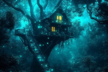 A mystical treehouse, nestled among the branches of ancient trees, glows with a soft, ethereal light.