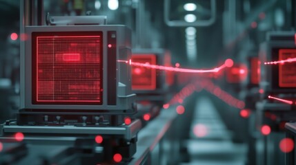 Obraz premium Retro computers with red glowing screens exchanging data through laser beams on a production line in a futuristic factory, illustrating a concept of outdated technology used in modern processes