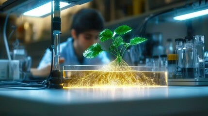 A young scientist of European descent is observing a plant with illuminated roots in a lab, showcasing biotechnology and genetic modification research.
