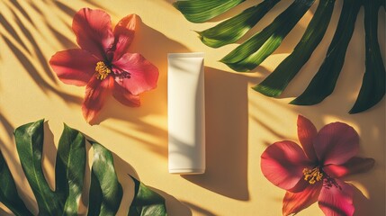 Flat lay of sunscreen with tropical flowers on a light orange surface.