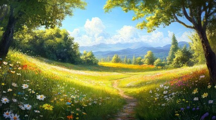 Scenic view of blooming flowers in a summer field, bright sunlight, peaceful and inviting, highly detailed, calm and natural, warm and vibrant, tranquil and beautiful atmosphere