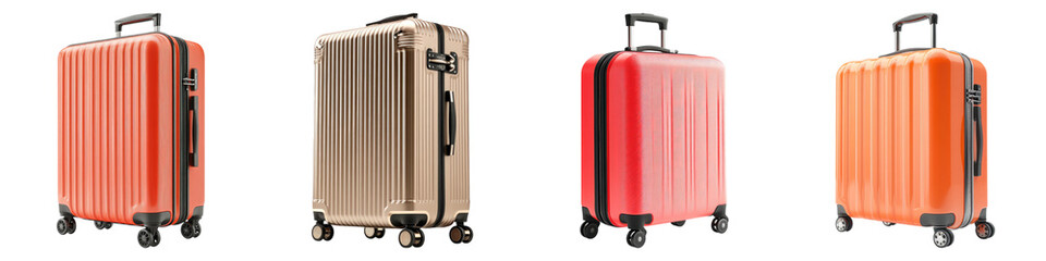 Fototapeta premium Travel suitcase on wheels isolated on transparent background, PNG, Set of