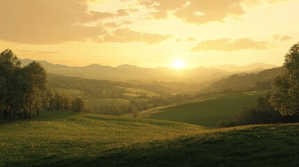 Obraz premium Scenic view of rolling hills and green fields at sunset, peaceful and inviting, highly detailed, calm and natural, warm and idyllic, tranquil and beautiful atmosphere